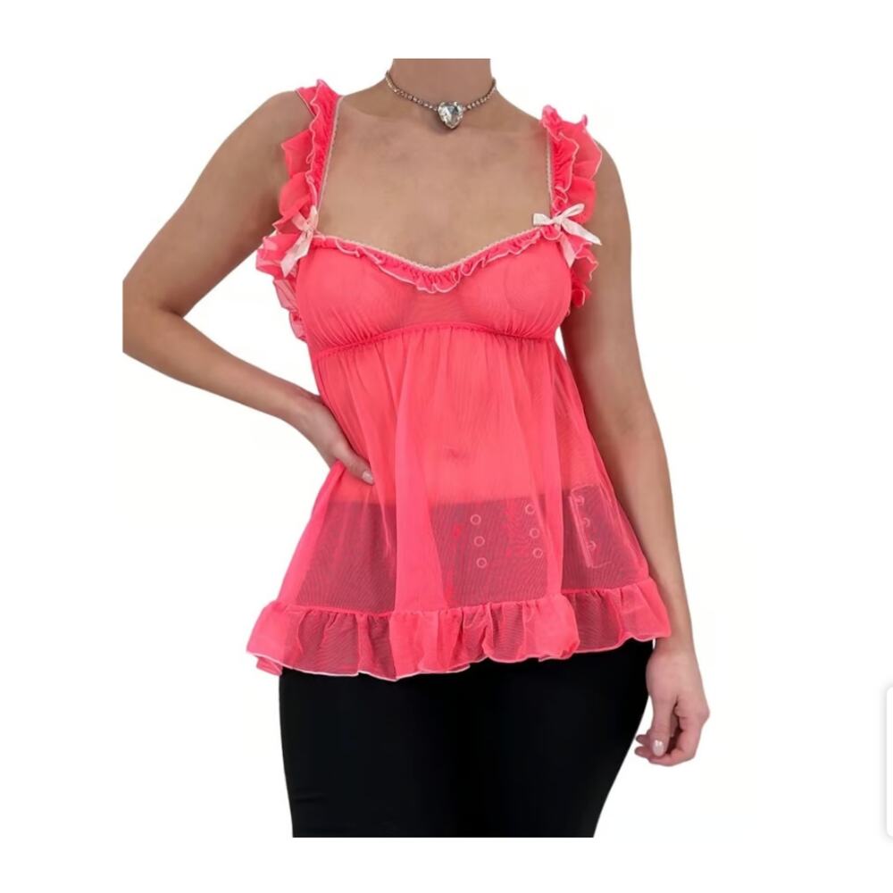 Victorias Secret Y2K Pink Ruffle Lingerie Babydoll Slip Top Size Medium Coquette - Picture 2 of 12